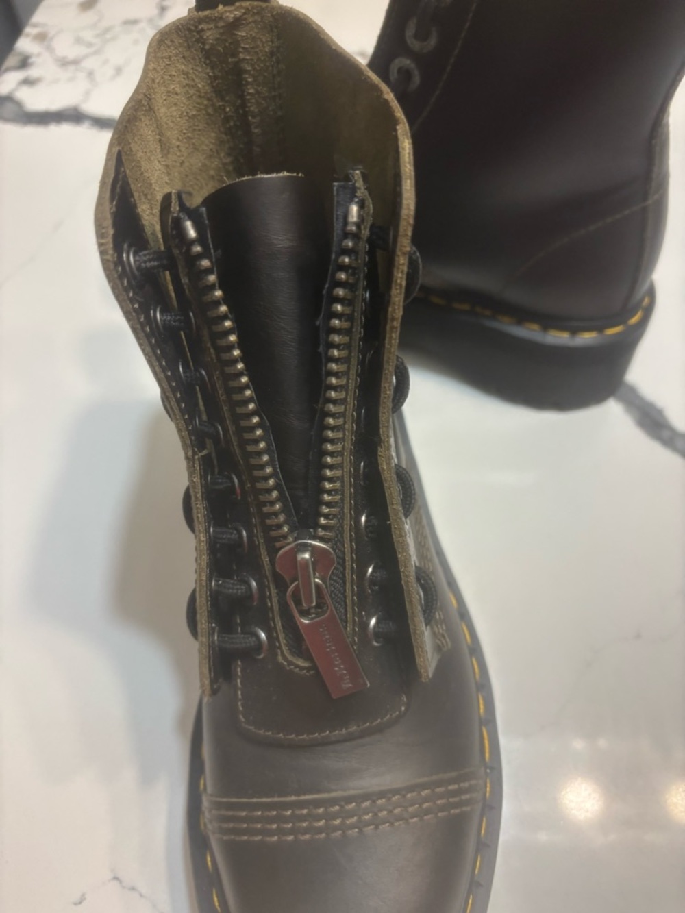 Dr. Martens Black Leather Front-Zip Lace-Up Boots with Yellow Stitching - Picture 5 of 7